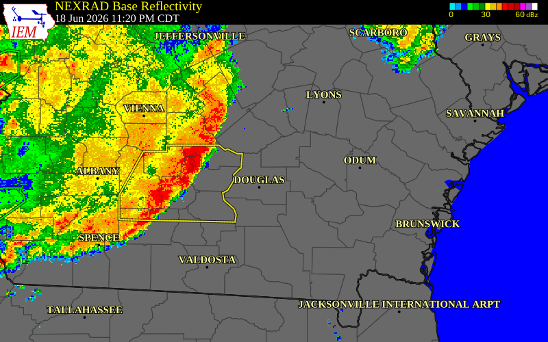 NEXRAD radar during the Friday, June 19, 2026 storm activity in Jeff Davis County, Georgia