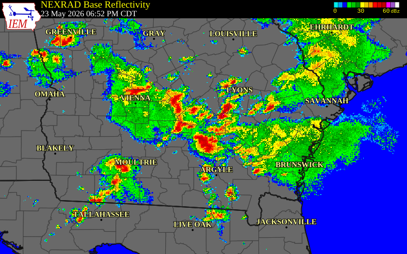 Radar snapshot during the Jul 27, 2026 wind event near Jeff Davis County, Jeff Davis County, Georgia, with NWS warning polygons