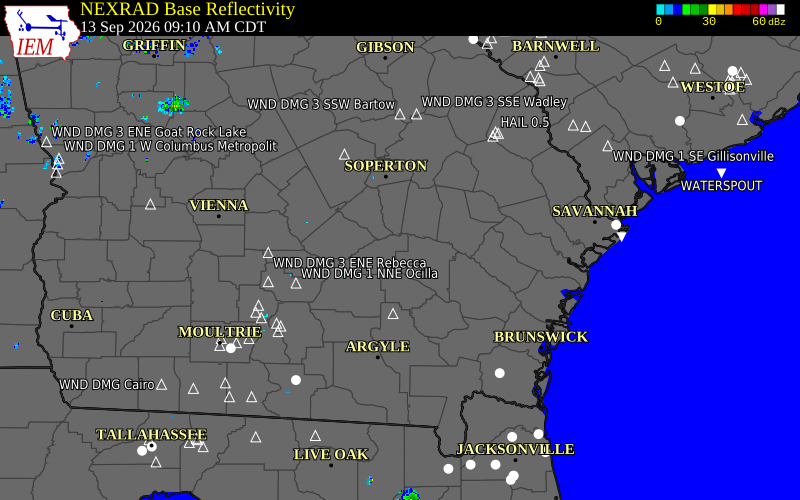 Current NEXRAD radar over Jeff Davis County, Georgia with recent storm report locations