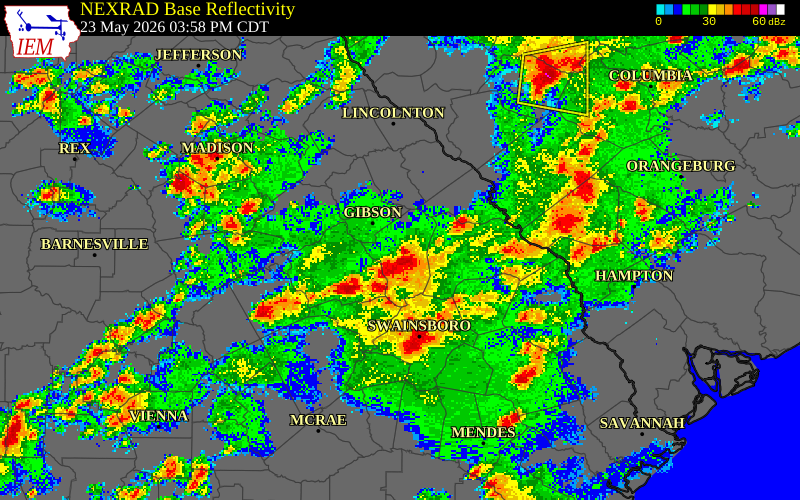 NEXRAD radar during the Saturday, May 23, 2026 storm activity in Jefferson County, Georgia