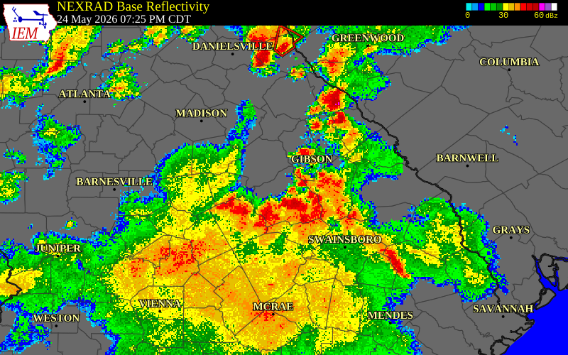 NEXRAD radar during the Sunday, May 24, 2026 storm activity in Jefferson County, Georgia