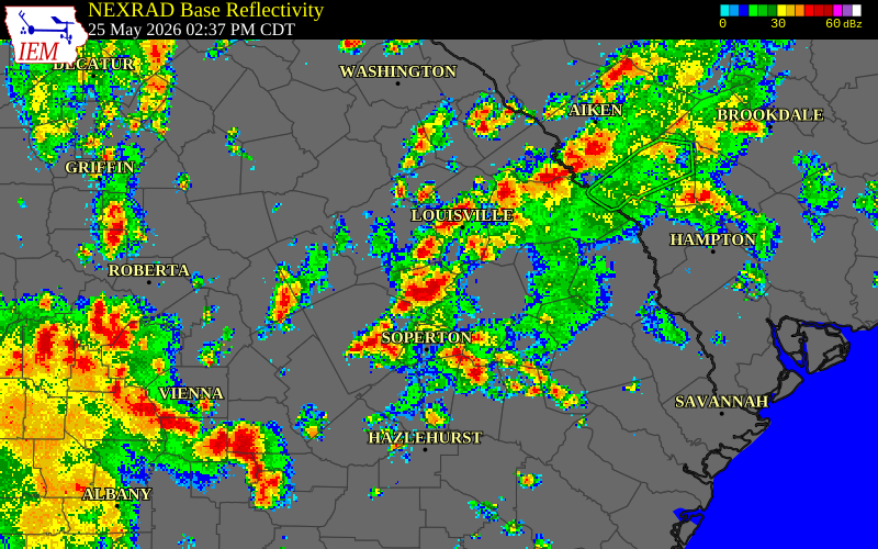 NEXRAD radar during the Monday, May 25, 2026 storm activity in Jefferson County, Georgia