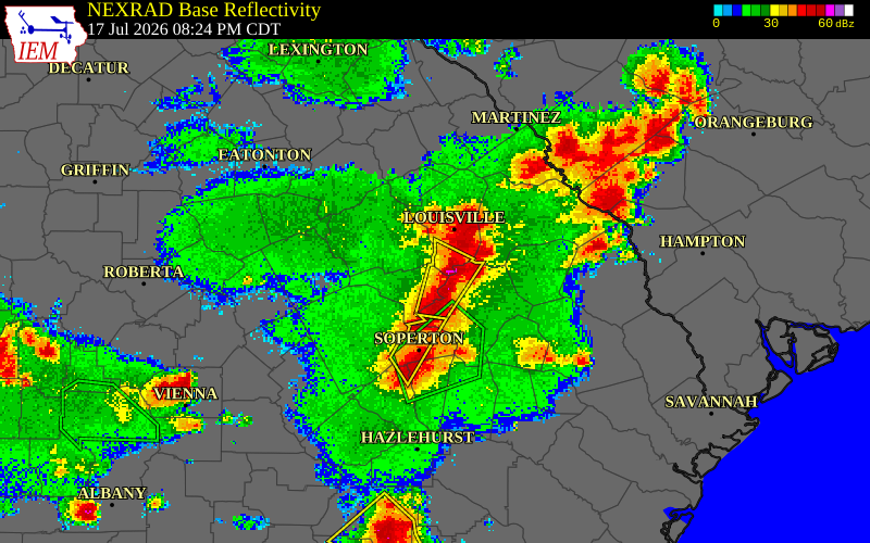 NEXRAD radar during the Friday, July 17, 2026 storm activity in Jefferson County, Georgia