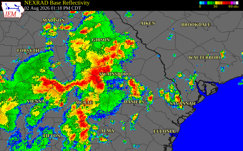 NEXRAD radar during the Sunday, August 2, 2026 storm activity in Jefferson County, Georgia