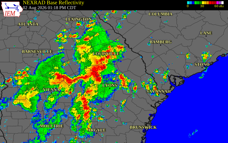 Radar snapshot during the Aug 2, 2026 wind event near Jefferson County, Jefferson County, Georgia, with NWS warning polygons