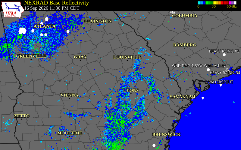 Current NEXRAD radar over Jefferson County, Georgia with recent storm report locations