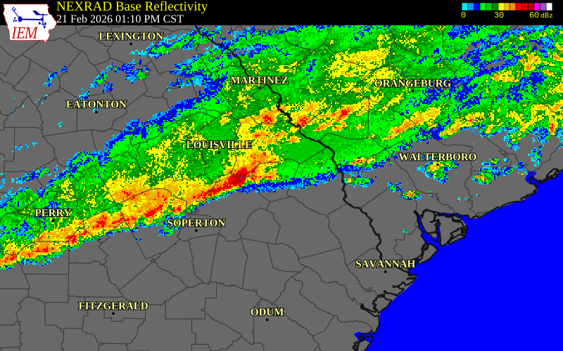 NEXRAD radar during the Saturday, February 21, 2026 storm activity in Jenkins County, Georgia