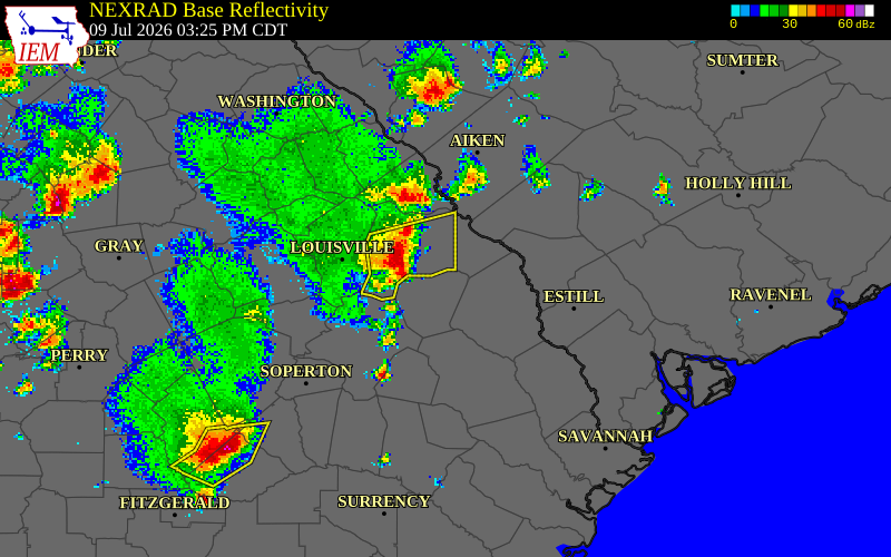 NEXRAD radar during the Thursday, July 9, 2026 storm activity in Jenkins County, Georgia