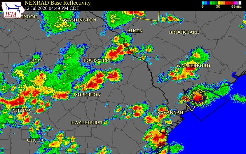NEXRAD radar during the Sunday, July 12, 2026 storm activity in Jenkins County, Georgia
