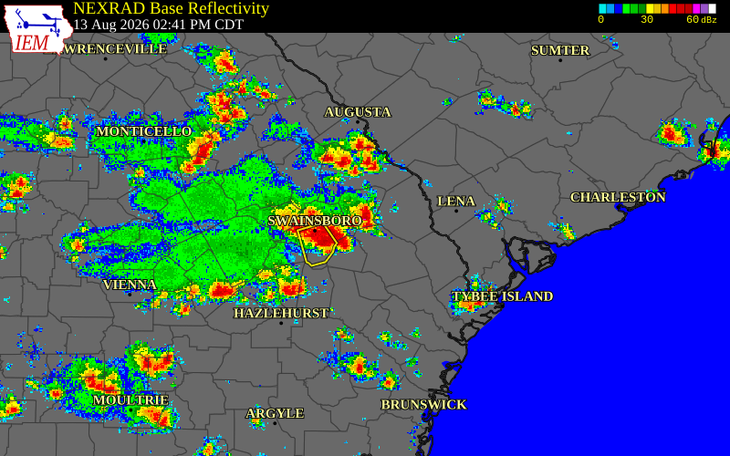 Radar snapshot during the Aug 13, 2026 wind event near Jenkins County, Jenkins County, Georgia, with NWS warning polygons
