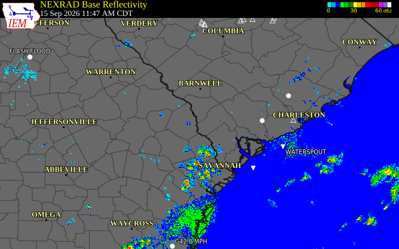 Current NEXRAD radar over Jenkins County, Georgia with recent storm report locations