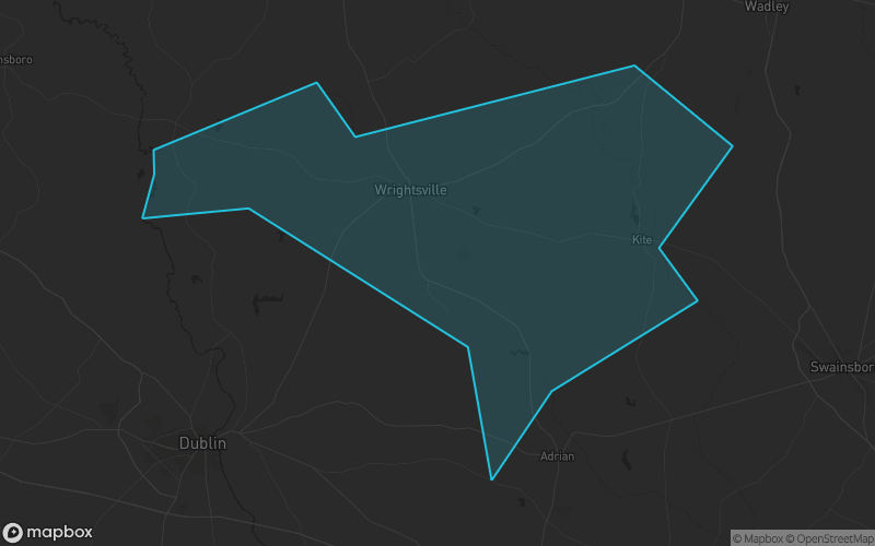 Map of Johnson County, Georgia showing the county boundary and surrounding cities