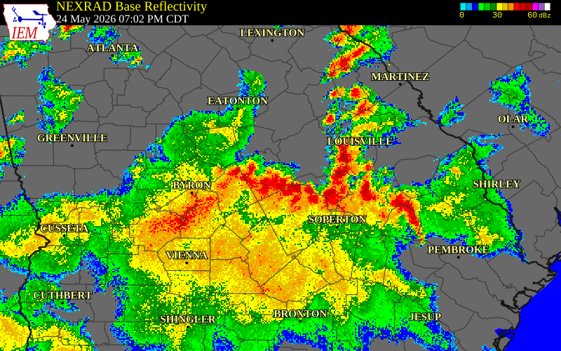 NEXRAD radar during the Sunday, May 24, 2026 storm activity in Johnson County, Georgia