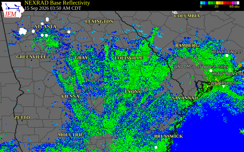 Current NEXRAD radar over Johnson County, Georgia with recent storm report locations