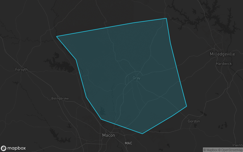 Map of Jones County, Georgia showing the county boundary and surrounding cities