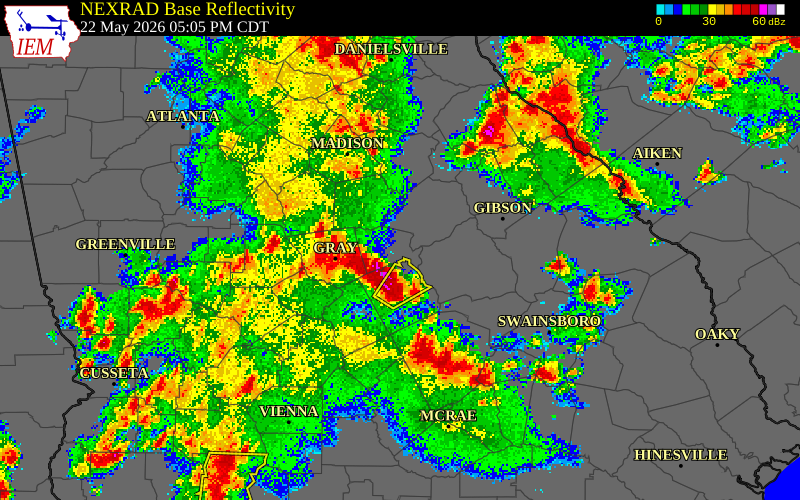 NEXRAD radar during the Friday, May 22, 2026 storm activity in Jones County, Georgia
