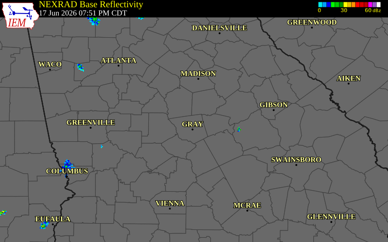 NEXRAD radar during the Wednesday, June 17, 2026 storm activity in Jones County, Georgia