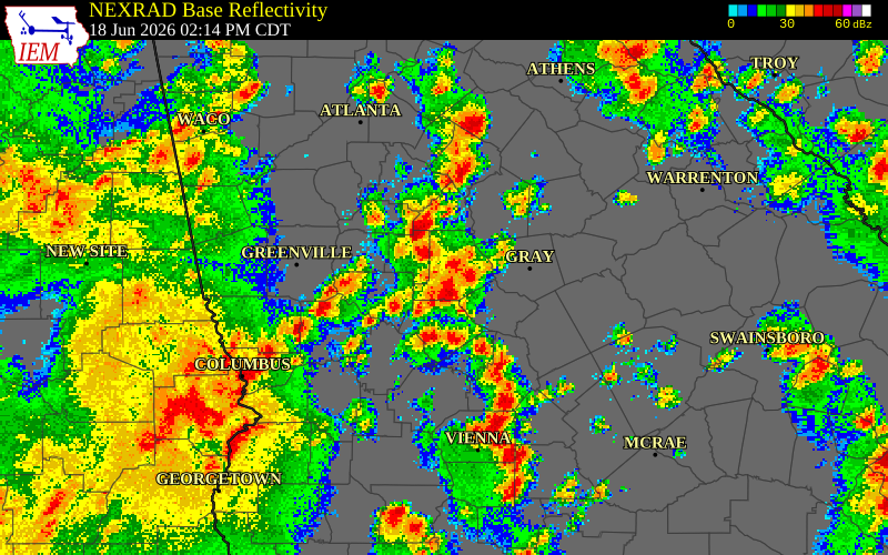 NEXRAD radar during the Thursday, June 18, 2026 storm activity in Jones County, Georgia