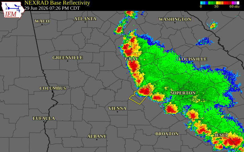 NEXRAD radar during the Monday, June 29, 2026 storm activity in Jones County, Georgia