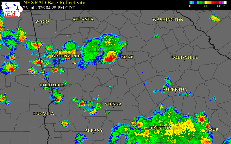 NEXRAD radar during the Saturday, July 25, 2026 storm activity in Jones County, Georgia