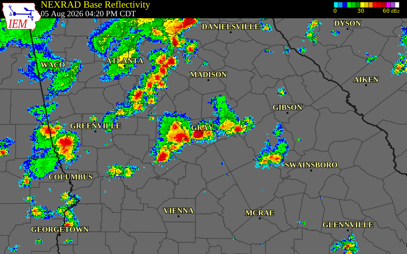 NEXRAD radar during the Wednesday, August 5, 2026 storm activity in Jones County, Georgia