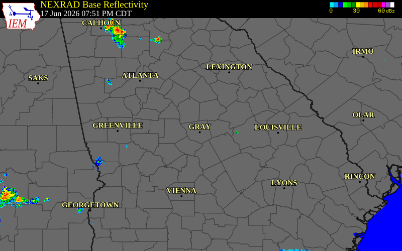 Radar snapshot during the Jun 17, 2026 tornado event near 3 WSW Blountsville, Jones County, Georgia, with NWS warning polygons