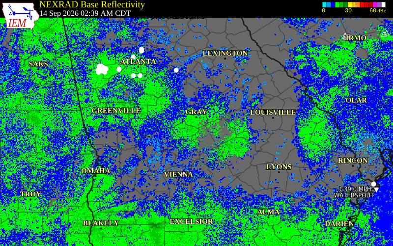Current NEXRAD radar over Jones County, Georgia with recent storm report locations