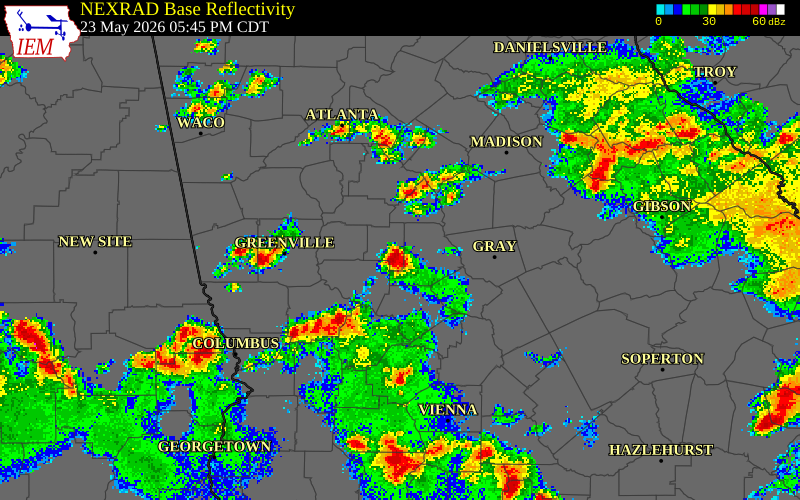 NEXRAD radar during the Saturday, May 23, 2026 storm activity in Lamar County, Georgia