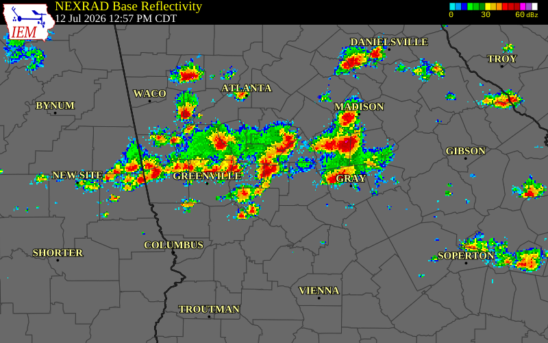 NEXRAD radar during the Sunday, July 12, 2026 storm activity in Lamar County, Georgia