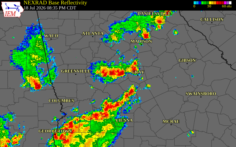 NEXRAD radar during the Saturday, July 18, 2026 storm activity in Lamar County, Georgia