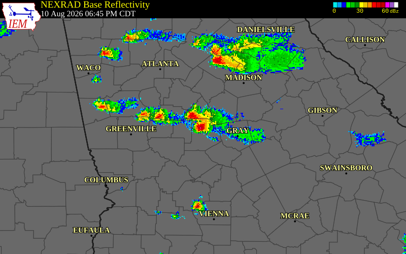 NEXRAD radar during the Monday, August 10, 2026 storm activity in Lamar County, Georgia