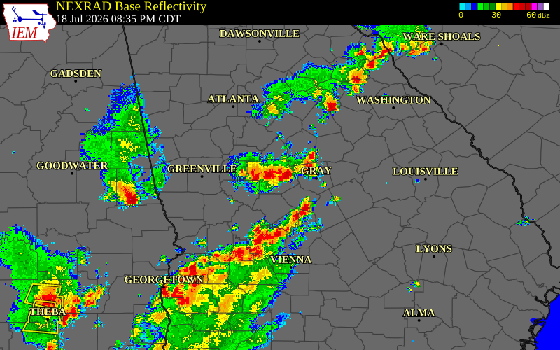 Radar snapshot during the Jul 18, 2026 wind event near Lamar County, Lamar County, Georgia, with NWS warning polygons
