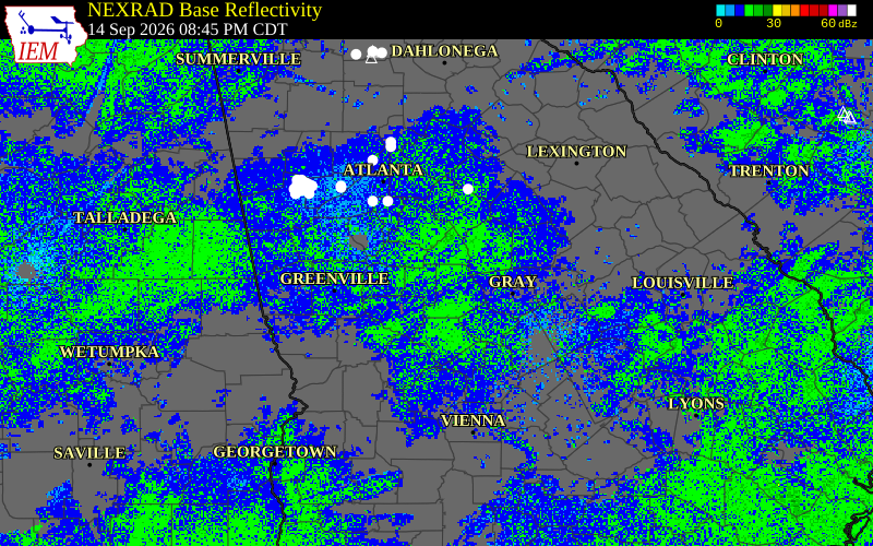 Current NEXRAD radar over Lamar County, Georgia with recent storm report locations