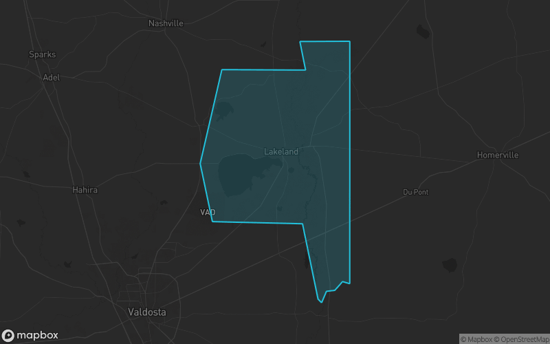 Map of Lanier County, Georgia showing the county boundary and surrounding cities