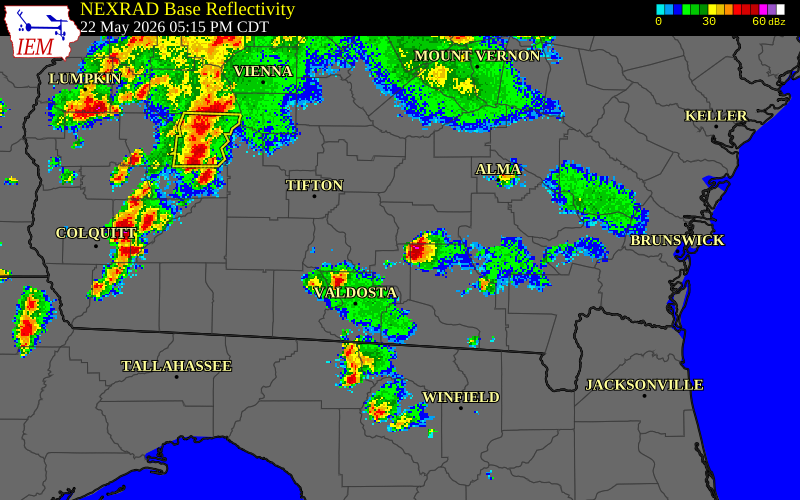 NEXRAD radar during the Friday, May 22, 2026 storm activity in Lanier County, Georgia