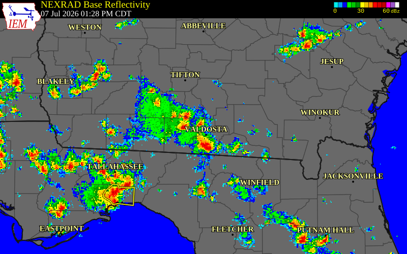 NEXRAD radar during the Tuesday, July 7, 2026 storm activity in Lanier County, Georgia