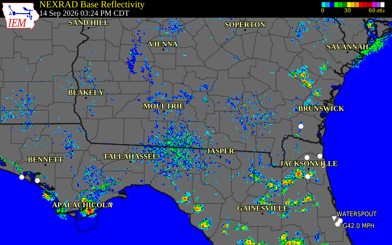 Current NEXRAD radar over Lanier County, Georgia with recent storm report locations
