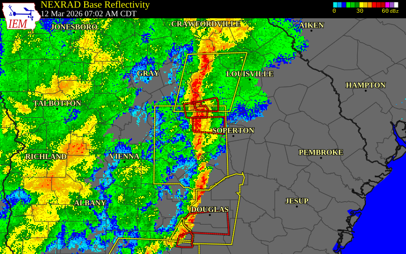 NEXRAD radar during the Thursday, March 12, 2026 storm activity in Laurens County, Georgia