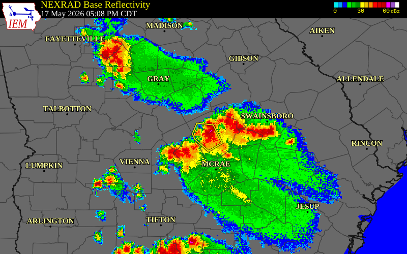 NEXRAD radar during the Sunday, May 17, 2026 storm activity in Laurens County, Georgia