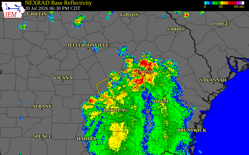 NEXRAD radar during the Monday, July 20, 2026 storm activity in Laurens County, Georgia