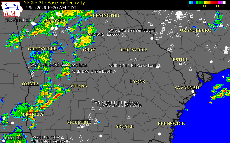 Current NEXRAD radar over Laurens County, Georgia with recent storm report locations
