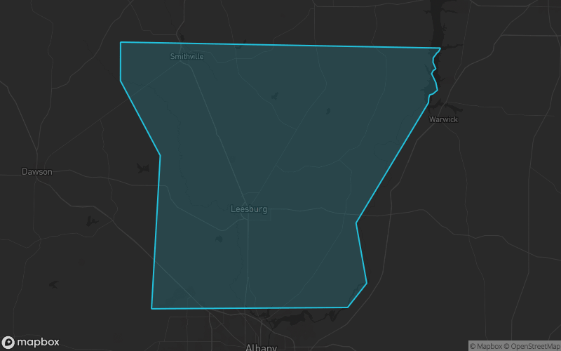 Map of Lee County, Georgia showing the county boundary and surrounding cities