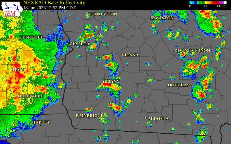NEXRAD radar during the Thursday, June 18, 2026 storm activity in Lee County, Georgia