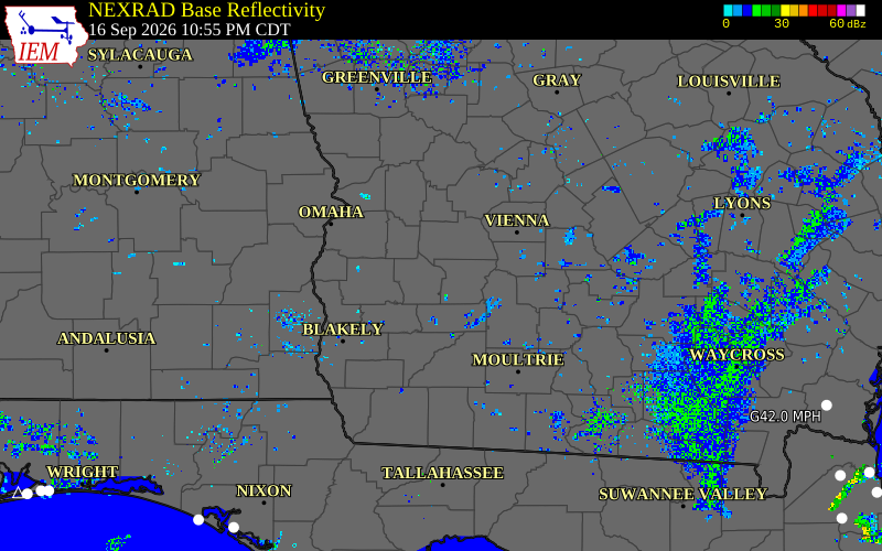 Current NEXRAD radar over Lee County, Georgia with recent storm report locations