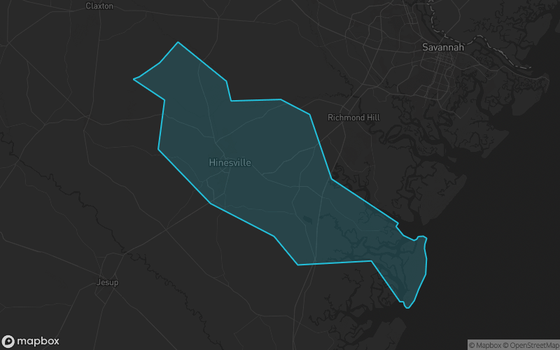 Map of Liberty County, Georgia showing the county boundary and surrounding cities