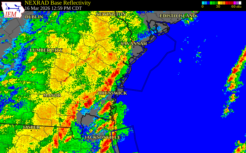 NEXRAD radar during the Monday, March 16, 2026 storm activity in Liberty County, Georgia
