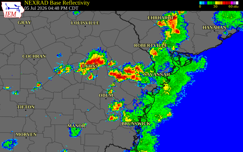 NEXRAD radar during the Sunday, July 5, 2026 storm activity in Liberty County, Georgia