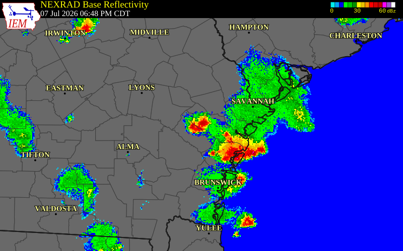 NEXRAD radar during the Tuesday, July 7, 2026 storm activity in Liberty County, Georgia