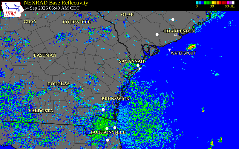 Current NEXRAD radar over Liberty County, Georgia with recent storm report locations