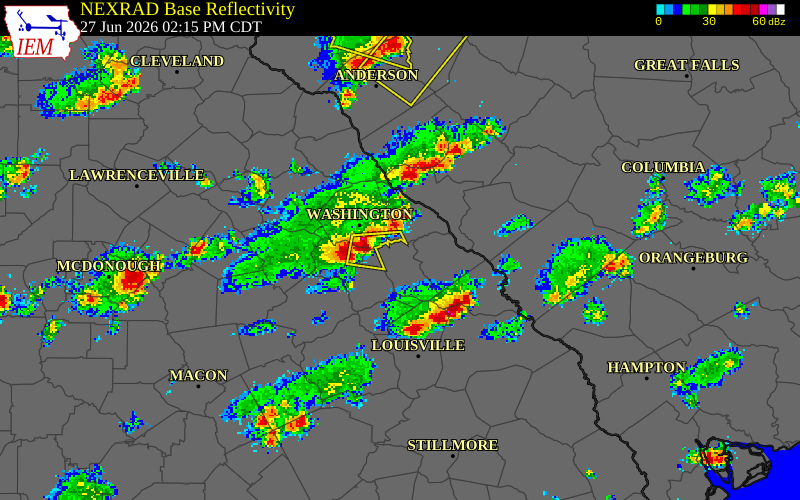 NEXRAD radar during the Saturday, June 27, 2026 storm activity in Lincoln County, Georgia